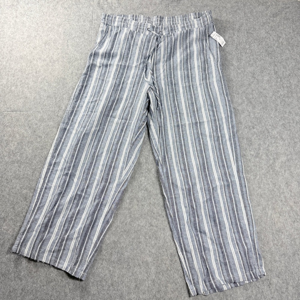 Westport Womens Pants 2X Blue Striped Linen Blend Wide Leg Drawstring New